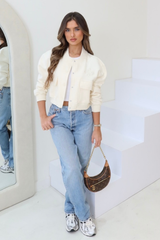 G Monogram crest embroidered cream jersey bomber jacket