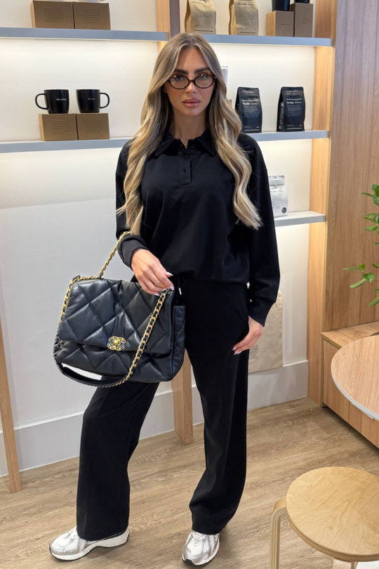 RENEE BLACK POLO SHIRT LOUNGEWEAR SET