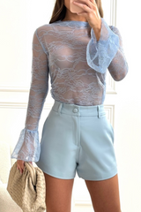 Channon blue lace flared cuff top