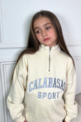 Mini Calabasas ecru embroidered 3/4 zip sweater loungewear