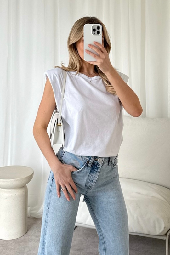Eliza white shoulder pad box t-shirt
