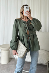 Hazel khaki tie front blouse