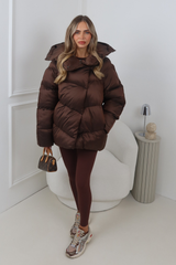 CARMILLA CHOCOLATE HIGH COLLAR SHINE FINISH HOODED PUFFER COAT