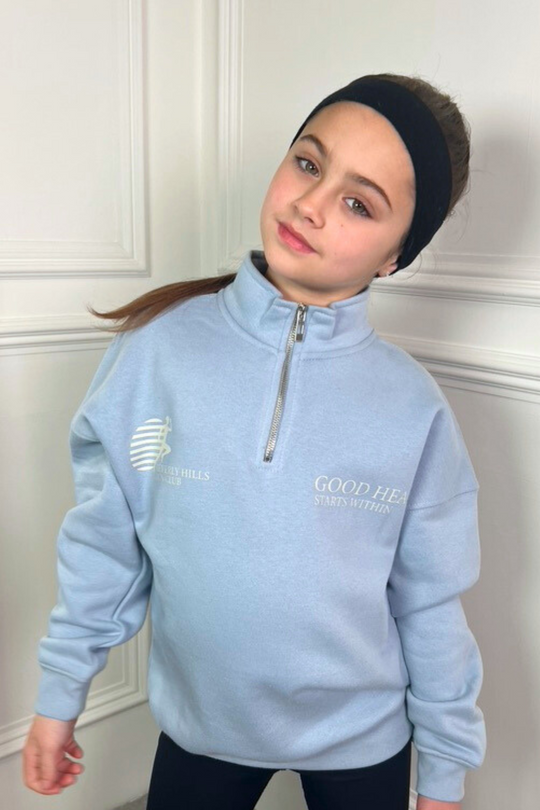 Mini Good health baby blue printed 3/4 zip sweater loungewear