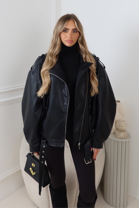 JOEJOE BLACK LEATHER FAUX LEATHER BELTED  JACKET