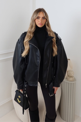 JOEJOE BLACK LEATHER FAUX LEATHER BELTED  JACKET