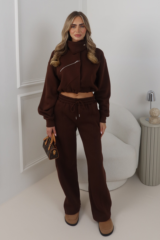 LOUISA CHOCOLATE FUNNEL NECK OFFSET SIDE ZIP CO ORD SET