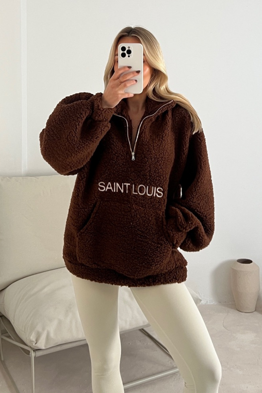 Saint Louis chocolate brown embroidered 3/4 zip fleece