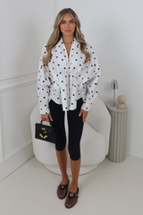 AMIE WHITE POLKA DOT PLEATED V NECK SHIRT