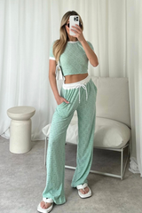 Kalli mint green contrast waistband pants and crop top co-ord