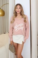 Santa baby pink embroidered bow cut out knit jumper