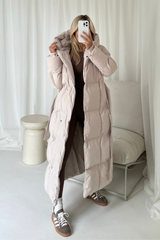 Willow beige long hooded puffer duvet coat