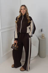 PIA CHOCOLATE CONTRAST ZIP UP JACKET AND WIDE LEG JOGGER CO ORD