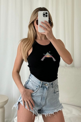 Peace Pyramid black Embroidered Ribbed Vest