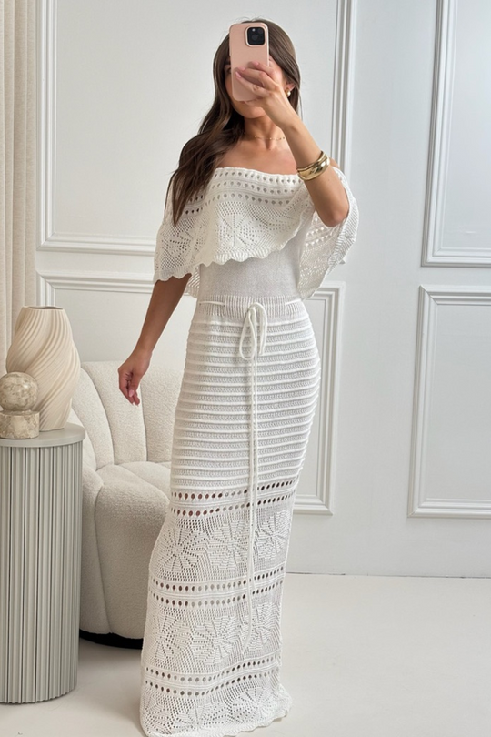 Amie white crochet off shoulder maxi dress