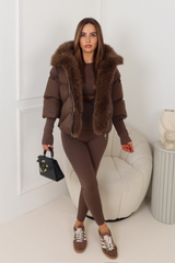 Verity brown hooded puffer coat with faux fur trim