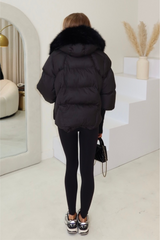 Verity black hooded puffer coat with faux fur trim