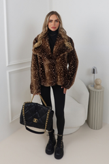 FALLON DEER PRINT COLLARED FAUX FUR JACKET