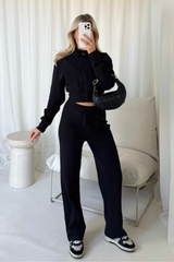 Becky black ribbed cropped jacket & wide leg trousers