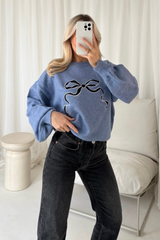 Bow embroidered blue knit sweater