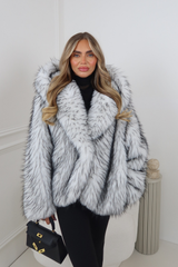 ARIELLE WHITE & BLACK SPECKLED HOODED FUR COAT