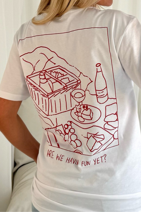 Are we having fun white printed t-shirt