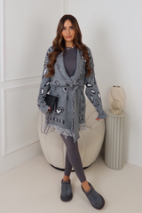 AMORE GREY PAISLEY FRINGED CARDIGAN