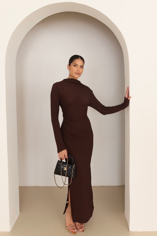 Nola chocolate brown crinkle jersey midi dress