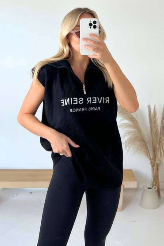 River seine embroidered black high neck top