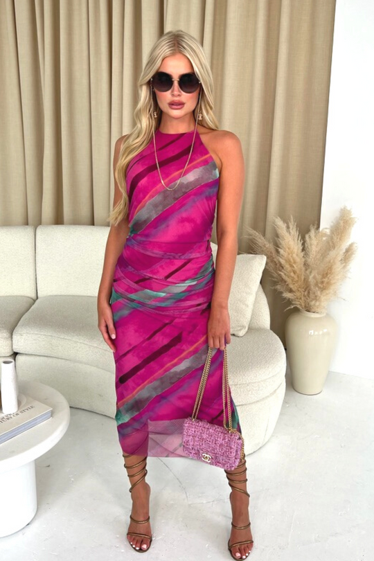 Evie Turquoise & purple Printed Mesh Midi Dress