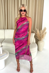 Evie Turquoise & purple Printed Mesh Midi Dress