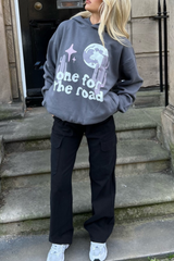 One for the road steel grey printed relaxed hoodie