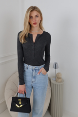 ELLIE CHARCOAL STRIPED BUTTON UP LONG SLEEVE TOP