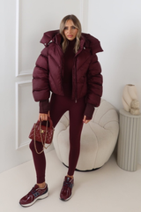 MIA BURGUNDY CROPPED PUFFER JACKET WITH DETACHABLE HOOD