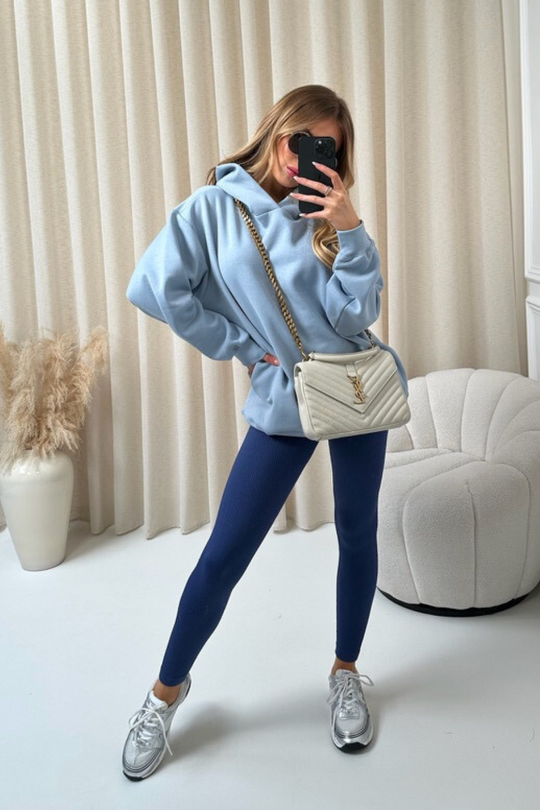 Kendall baby blue hoodie and navy ribbed legging set