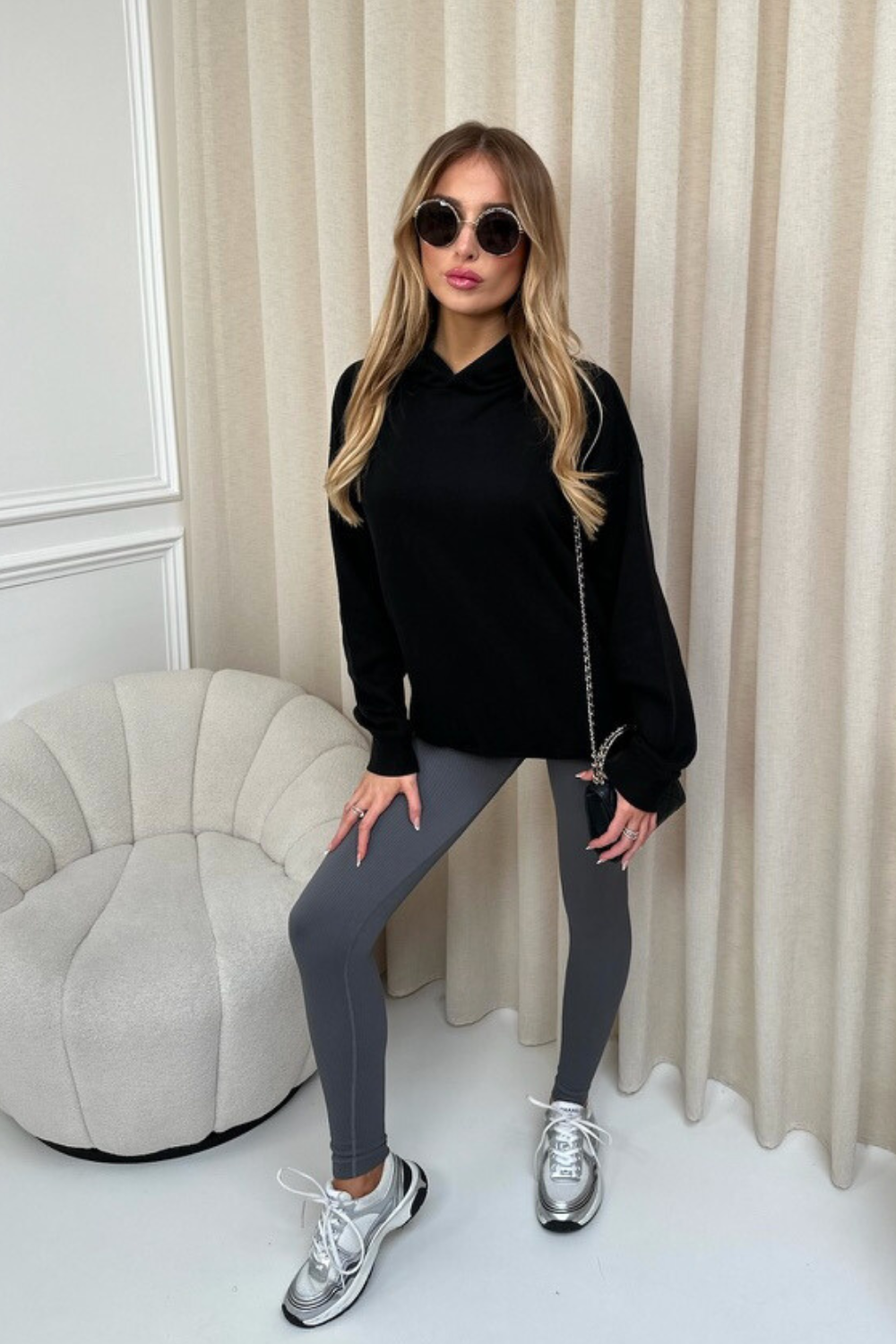 Kendall black hoodie and steel grey ribbed legging set – Glamify