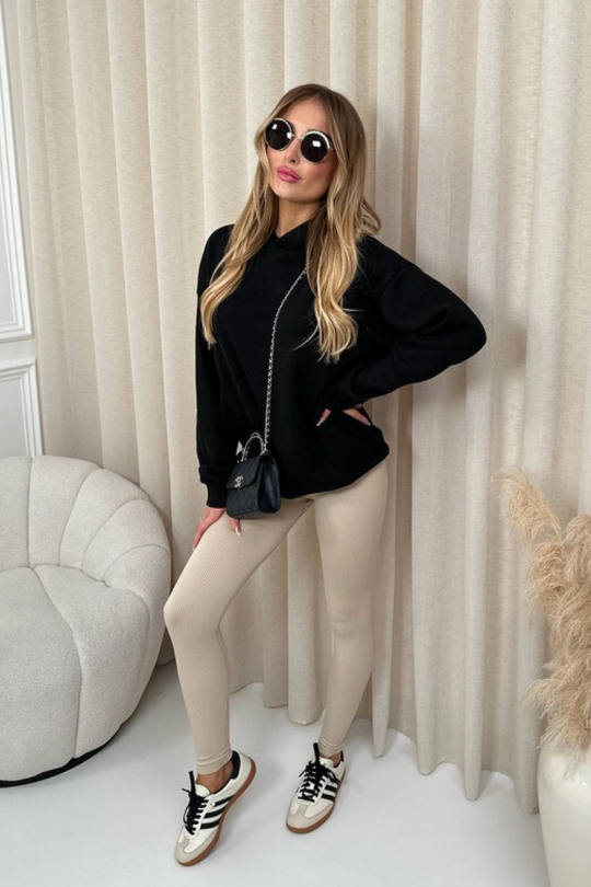 Kendall black hoodie and stone ribbed legging set