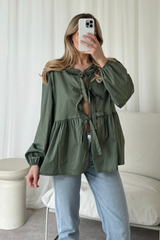 Hazel khaki tie front blouse