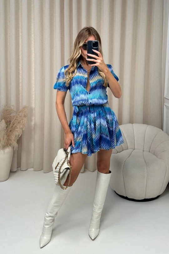 Kady blue patterned tie waist frill dress