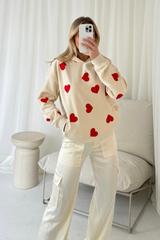 Heart ecru printed relaxed hoodie