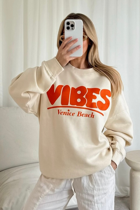 Vibes venice beach printed ecru sweater