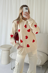 Heart ecru printed relaxed hoodie