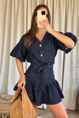 Lizzie dark denim puff sleeve blouse & skirt co ord