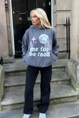 One for the road steel grey printed relaxed hoodie