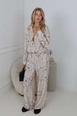 MIKA CREAM PAISLEY PATTERNED SATIN SHIRT AND PANTS CO ORD TWO PIECE SET
