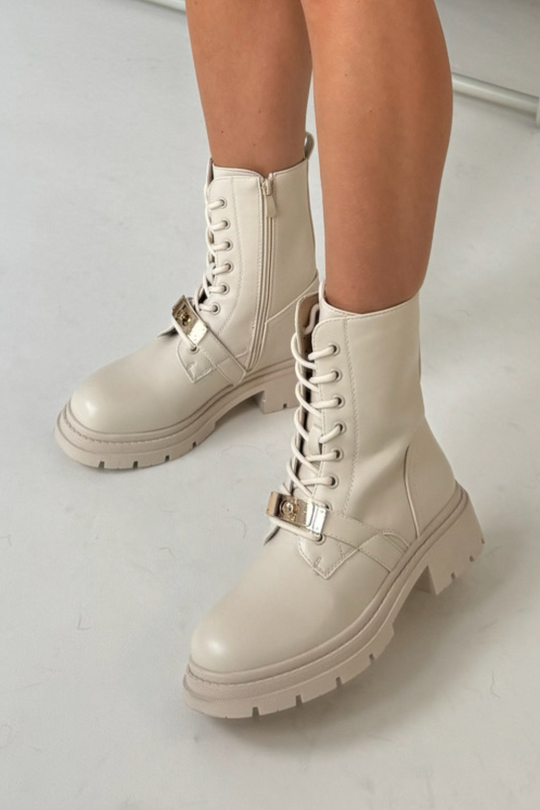 Natasha cream buckle biker boots