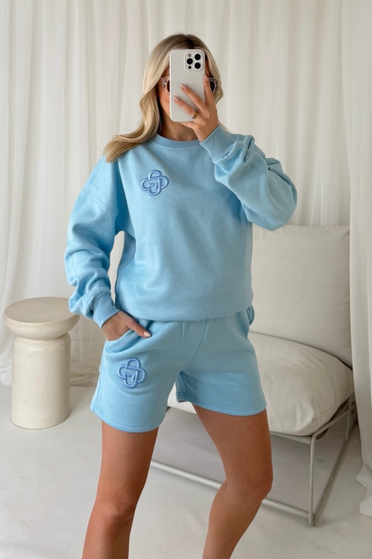 G monogram baby blue embroidered sweater shorts loungewear