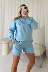 G monogram baby blue embroidered sweater shorts loungewear