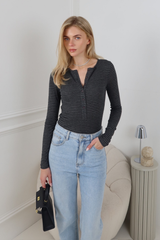ELLIE CHARCOAL STRIPED BUTTON UP LONG SLEEVE TOP