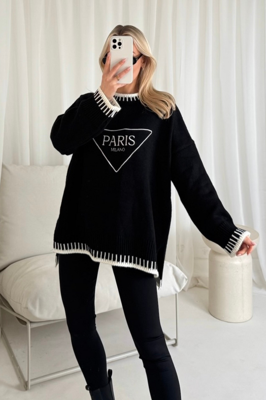 Paris triangle embroidered black knit jumper